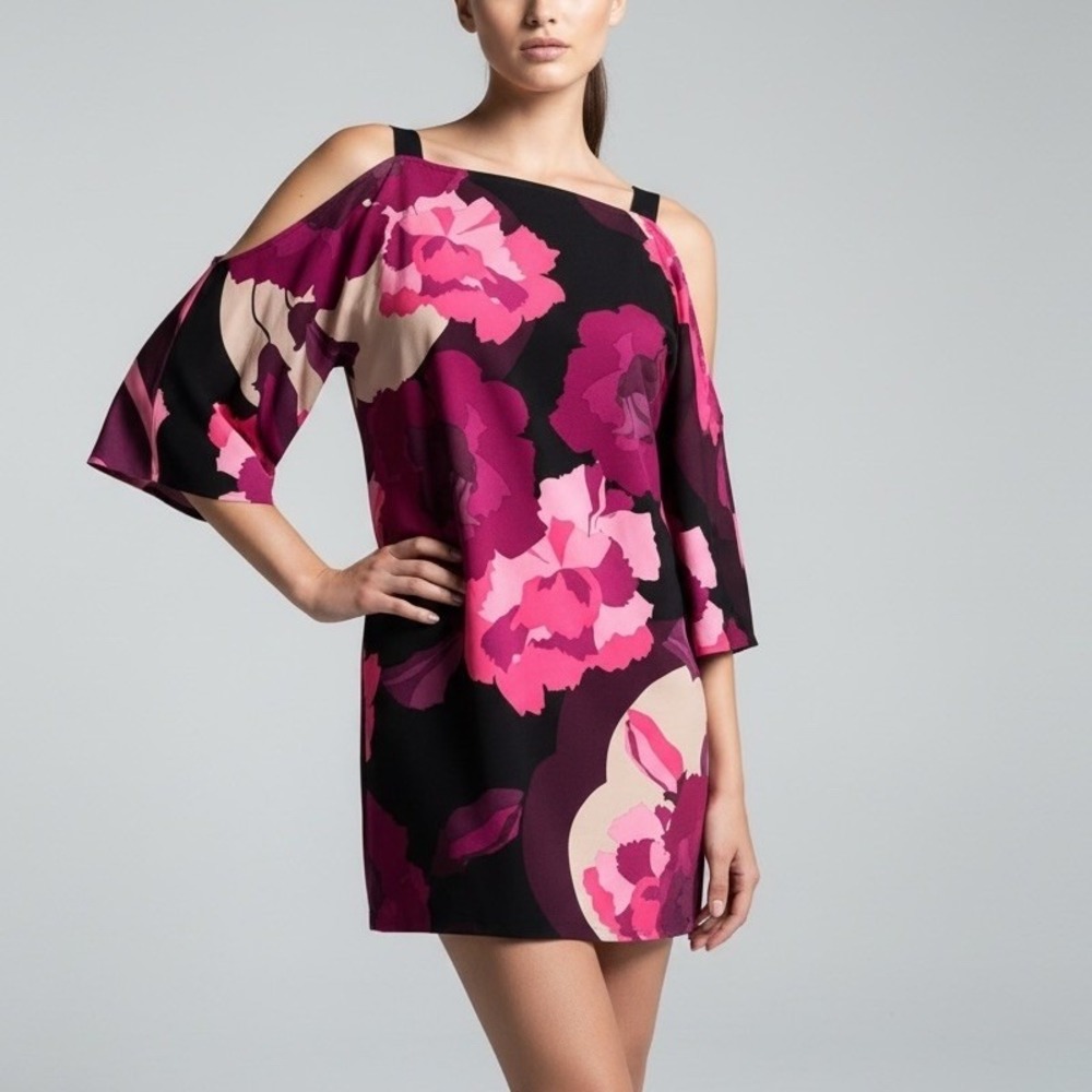 Womens M TRINA TURK Baracoa Floral Mini Tunic Dress Pink Black Cold Shoulder